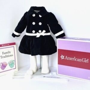 American Girl Doll Black Velveteen Coat Set Boots Book Hanger Box Just Like You